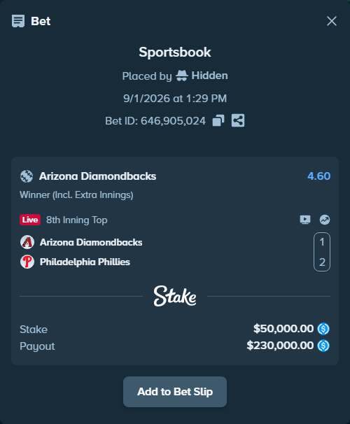 Bet slip: Arizona Diamondbacks - Philadelphia Phillies, $50,000.00 stake at 4.60 odds, placed by Hidden
