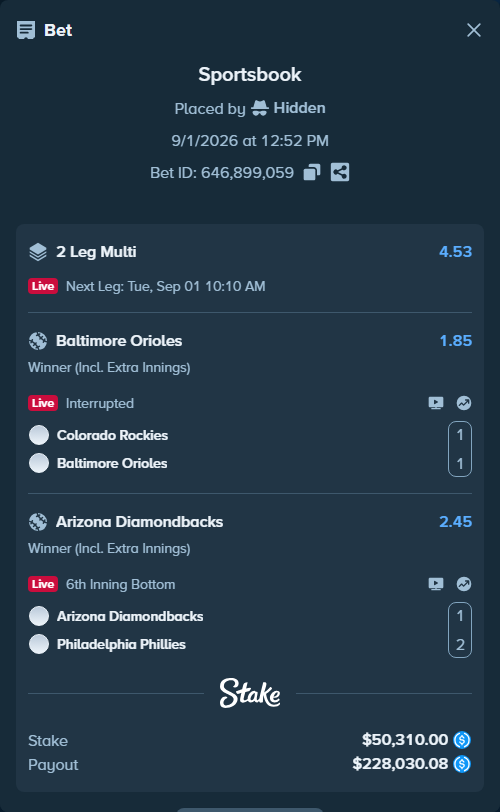 Bet slip: Arizona Diamondbacks - Philadelphia Phillies, $50,310.00 stake at 2.45 odds, placed by Hidden