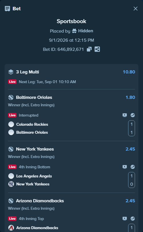 Bet slip: Arizona Diamondbacks - Philadelphia Phillies, $50,544.95 stake at 2.45 odds, placed by Hidden