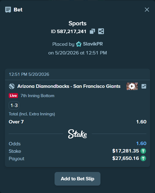 Bet slip: Arizona Diamondbacks - San Francisco Giants, $17,298.63 stake at 1.60 odds, placed by SlavikPR