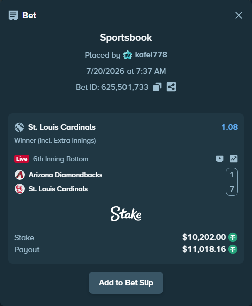 Bet slip: Arizona Diamondbacks - St. Louis Cardinals, $10,202.00 stake at 1.08 odds, placed by kafei778
