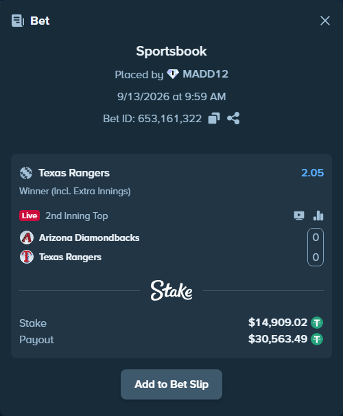 Bet slip: Arizona Diamondbacks - Texas Rangers, $14,909.02 stake at 2.05 odds, placed by MADD12