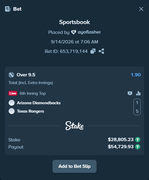 Bet slip: Arizona Diamondbacks - Texas Rangers, $28,805.23 stake at 1.90 odds, placed by ayoflasher