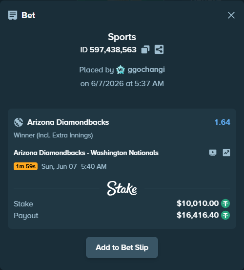 Bet slip: Arizona Diamondbacks - Washington Nationals, $10,010.00 stake at 1.64 odds, placed by ggochangi