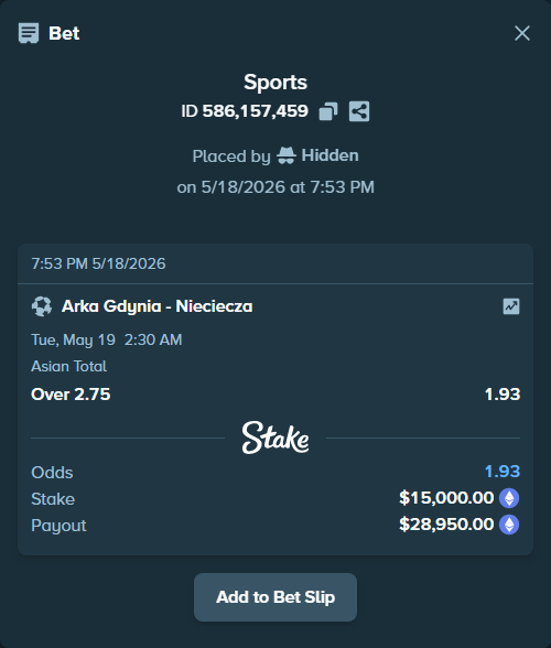 Bet slip: Arka Gdynia - Nieciecza, $12,303.63 stake at 1.93 odds, placed by Hidden