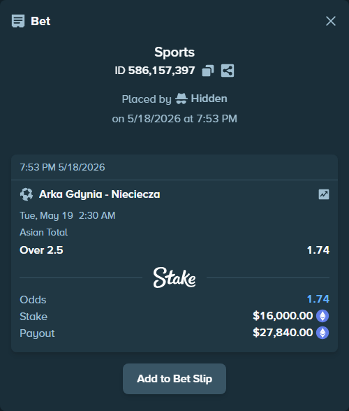 Bet slip: Arka Gdynia - Nieciecza, $13,123.87 stake at 1.74 odds, placed by Hidden
