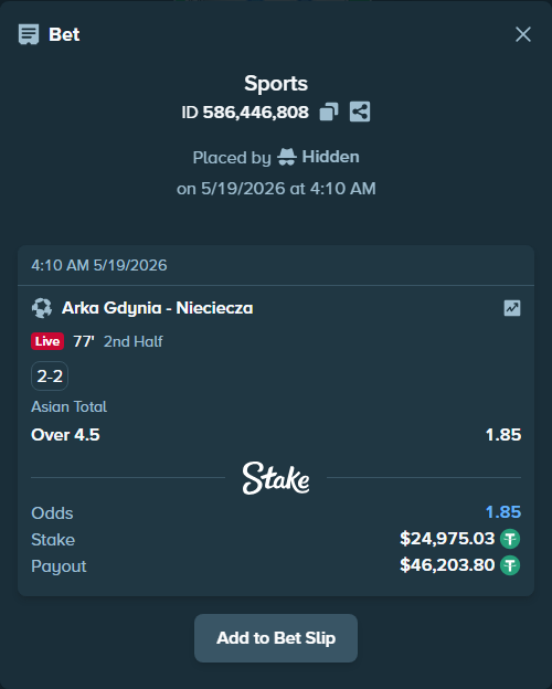 Bet slip: Arka Gdynia - Nieciecza, $25,000.00 stake at 1.85 odds, placed by Hidden