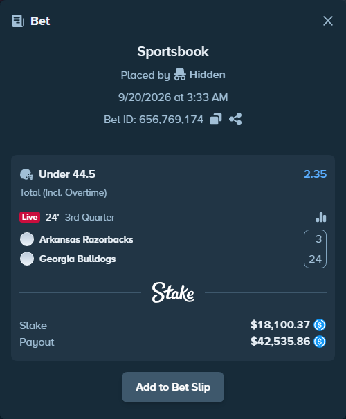 Bet slip: Arkansas Razorbacks - Georgia Bulldogs, $18,100.37 stake at 2.35 odds, placed by Hidden