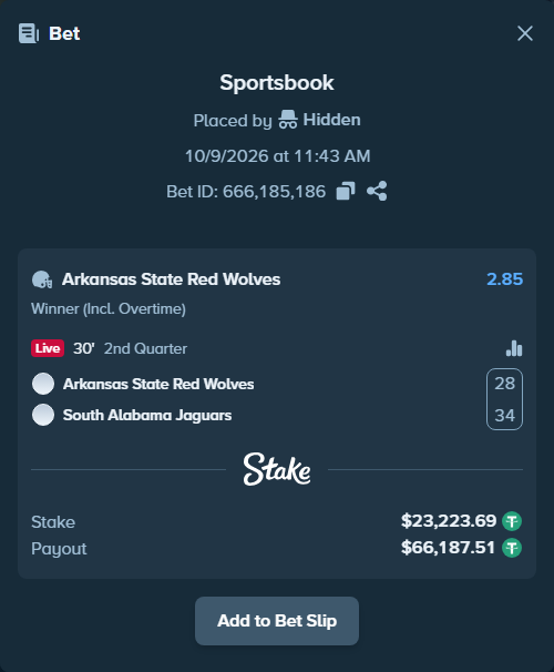 Bet slip: Arkansas State Red Wolves - South Alabama Jaguars, $23,246.91 stake at 2.85 odds, placed by BetlikeaKing