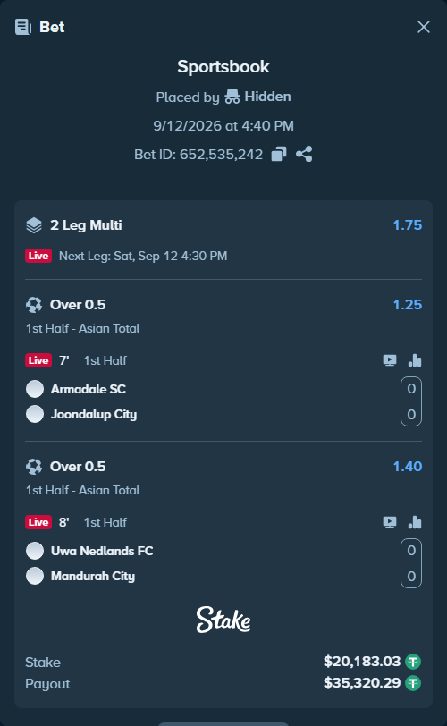 Bet slip: Armadale SC - Joondalup City, $20,183.03 stake at 1.25 odds, placed by Hidden