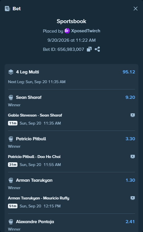 Bet slip: Arman Tsarukyan - Mauricio Ruffy, $10,459.04 stake at 1.30 odds, placed by XposedTwirch