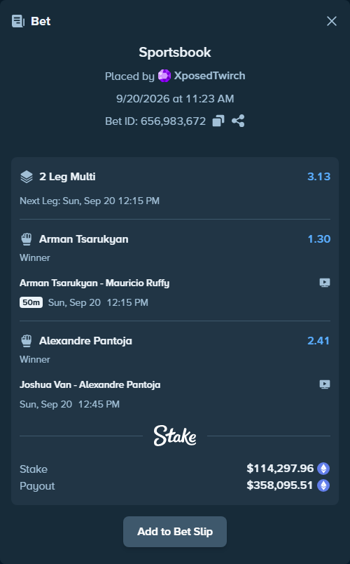 Bet slip: Arman Tsarukyan - Mauricio Ruffy, $112,652.09 stake at 1.30 odds, placed by XposedTwirch