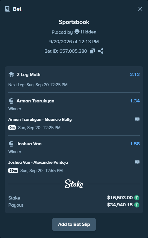 Bet slip: Arman Tsarukyan - Mauricio Ruffy, $16,503.00 stake at 1.34 odds, placed by Hidden