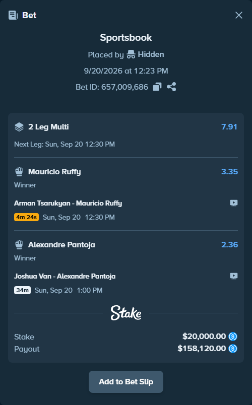 Bet slip: Arman Tsarukyan - Mauricio Ruffy, $20,000.00 stake at 3.35 odds, placed by Hidden