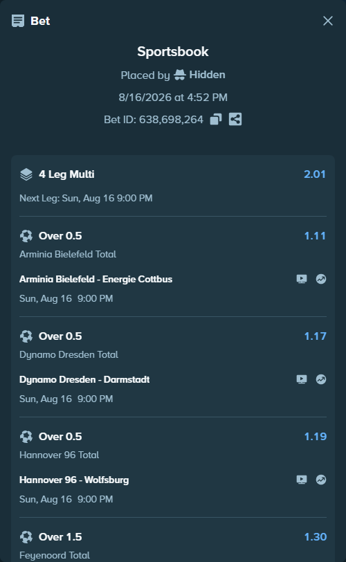 Bet slip: Arminia Bielefeld - Energie Cottbus, $10,020.01 stake at 1.11 odds, placed by Hidden