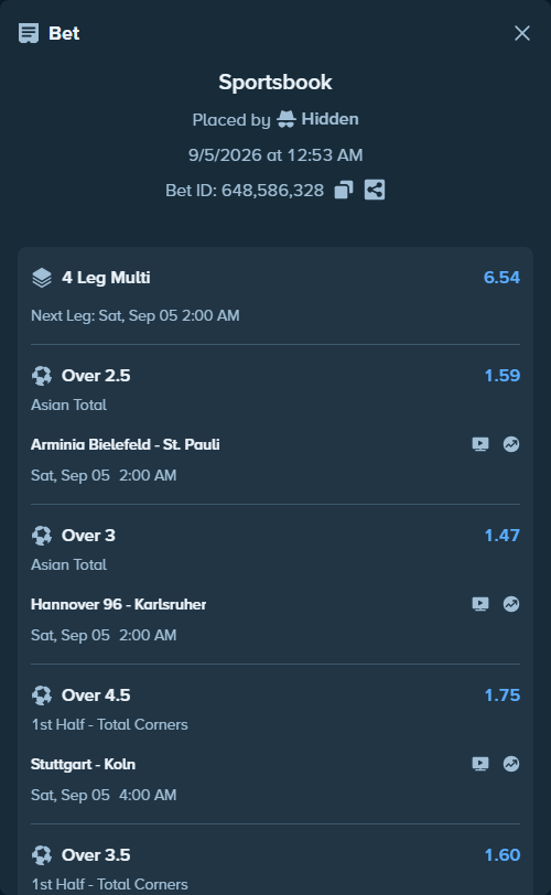 Bet slip: Arminia Bielefeld - St. Pauli, $10,000.00 stake at 1.59 odds, placed by Hidden