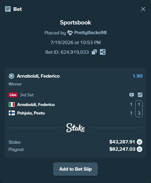 Bet slip: Arnaboldi, Federico - Pohjola, Peetu, $41,429.29 stake at 1.90 odds, placed by Prettylfacko98