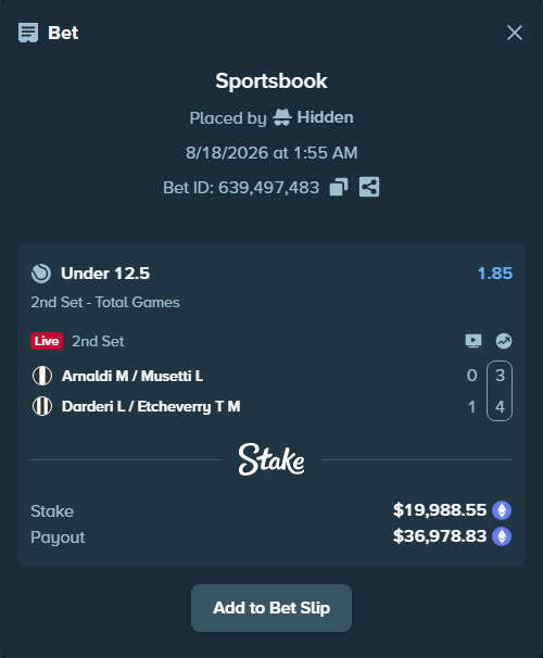 Bet slip: Arnaldi M / Musetti L - Darderi L / Etcheverry T M, $19,985.78 stake at 1.85 odds, placed by Hidden