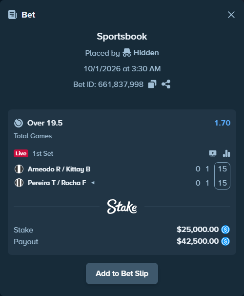 Bet slip: Arneodo R / Kittay B - Pereira T / Rocha F, $25,000.00 stake at 1.70 odds, placed by Hidden