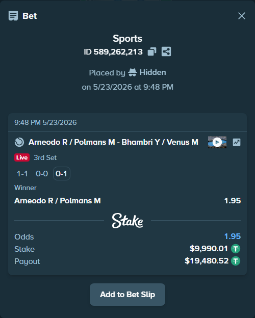 Bet slip: Arneodo R / Polmans M - Bhambri Y / Venus M, $10,000.00 stake at 1.95 odds, placed by Hidden