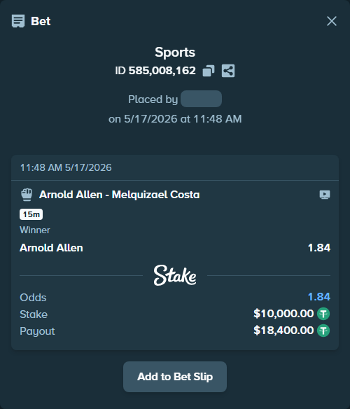 Bet slip: Arnold Allen - Melquizael Costa, $10,000.00 stake at 1.84 odds, placed by floutp451