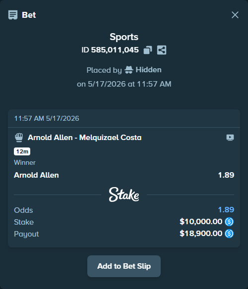 Bet slip: Arnold Allen - Melquizael Costa, $10,000.00 stake at 1.89 odds, placed by Hidden