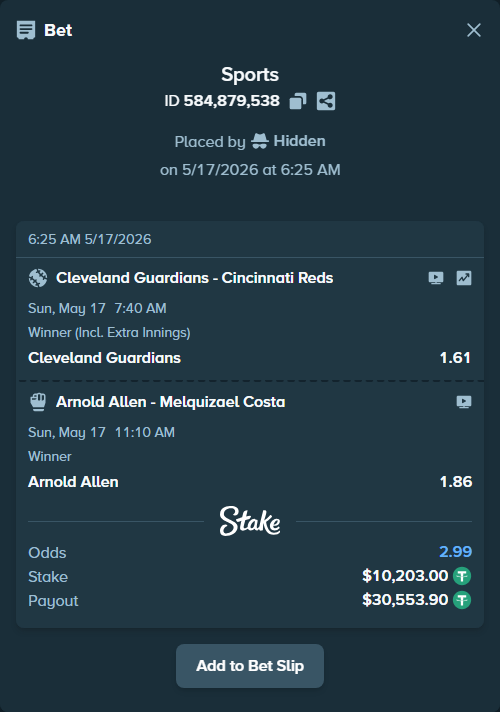 Bet slip: Arnold Allen - Melquizael Costa, $10,203.00 stake at 1.86 odds, placed by Hidden