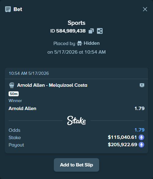 Bet slip: Arnold Allen - Melquizael Costa, $91,409.22 stake at 1.79 odds, placed by Hidden