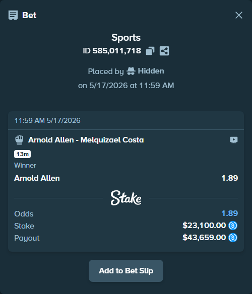Bet slip: Arnold Allen - Melquizael Costa, $23,100.00 stake at 1.89 odds, placed by Hidden