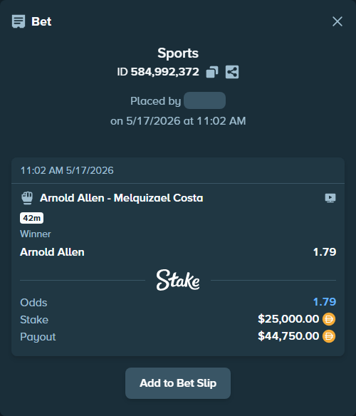 Bet slip: Arnold Allen - Melquizael Costa, $25,000.00 stake at 1.79 odds, placed by bagiiyo13