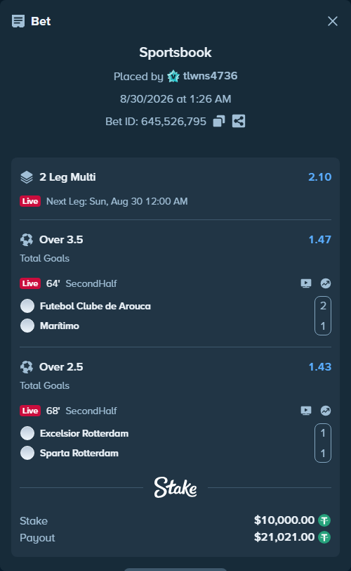 Bet slip: Arouca - Maritimo Madeira, $10,000.00 stake at 1.47 odds, placed by tlwns4736