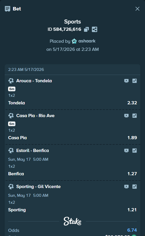 Bet slip: Arouca - Tondela, $30,000.00 stake at 2.32 odds, placed by ashaark
