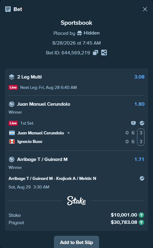 Bet slip: Arribage T / Guinard M - Krajicek A / Mektic N, $10,000.00 stake at 1.71 odds, placed by Hidden