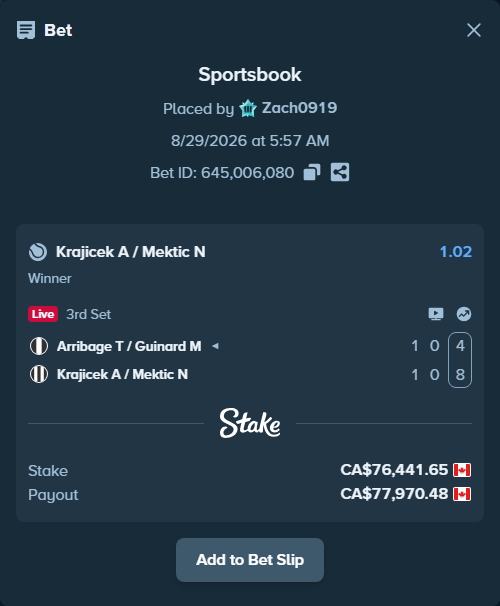 Bet slip: Arribage T / Guinard M - Krajicek A / Mektic N, $56,566.82 stake at 1.02 odds, placed by Zach0919