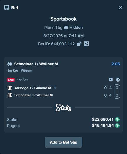 Bet slip: Arribage T / Guinard M - Schnaitter J / Wallner M, $22,680.41 stake at 2.05 odds, placed by Hidden