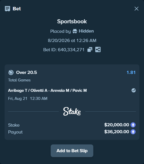 Bet slip: Arribage T / Olivetti A - Arevalo M / Pavic M, $23,438.68 stake at 1.81 odds, placed by Hidden