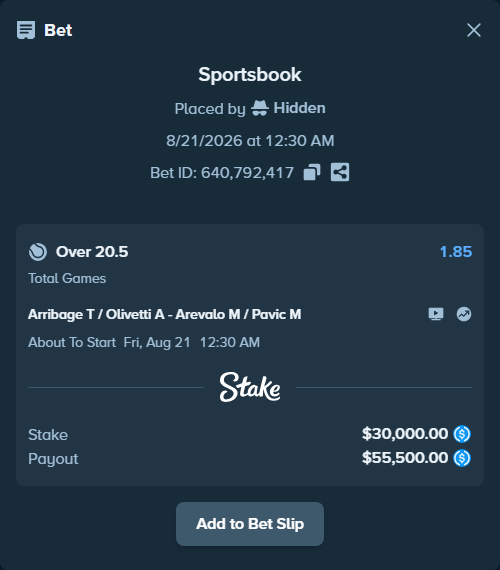 Bet slip: Arribage T / Olivetti A - Arevalo M / Pavic M, $30,000.00 stake at 1.85 odds, placed by Hidden