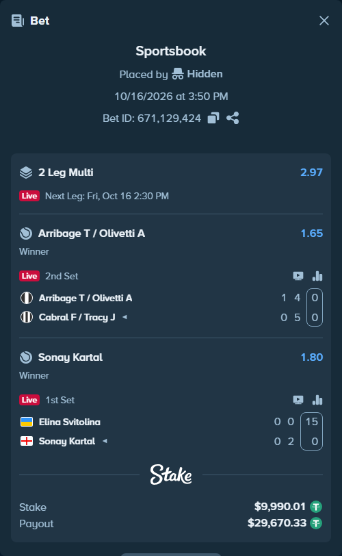 Bet slip: Arribage T / Olivetti A - Cabral F / Tracy J, $10,000.00 stake at 1.65 odds, placed by Hidden