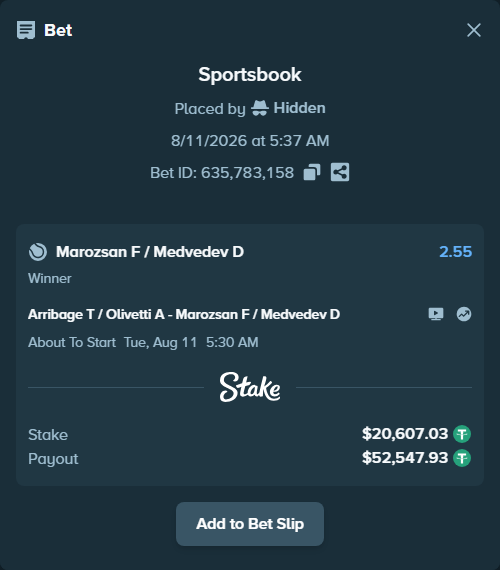 Bet slip: Arribage T / Olivetti A - Marozsan F / Medvedev D, $20,627.64 stake at 2.55 odds, placed by Hidden