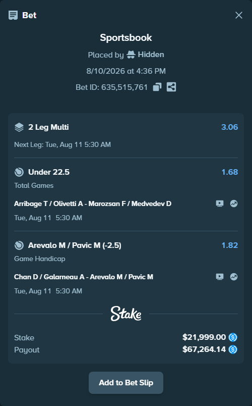 Bet slip: Arribage T / Olivetti A - Marozsan F / Medvedev D, $21,999.00 stake at 1.68 odds, placed by Hidden