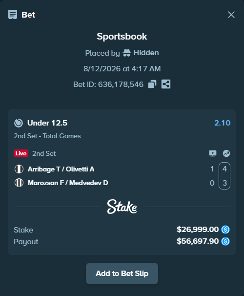 Bet slip: Arribage T / Olivetti A - Marozsan F / Medvedev D, $26,999.00 stake at 2.10 odds, placed by Hidden