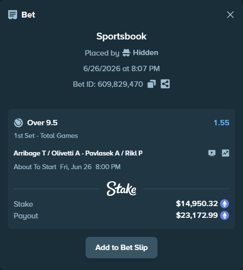 Bet slip: Arribage T / Olivetti A - Pavlasek A / Rikl P, $15,629.36 stake at 1.55 odds, placed by Hidden