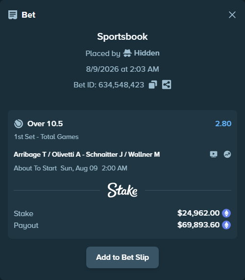 Bet slip: Arribage T / Olivetti A - Schnaitter J / Wallner M, $24,981.90 stake at 2.80 odds, placed by Hidden