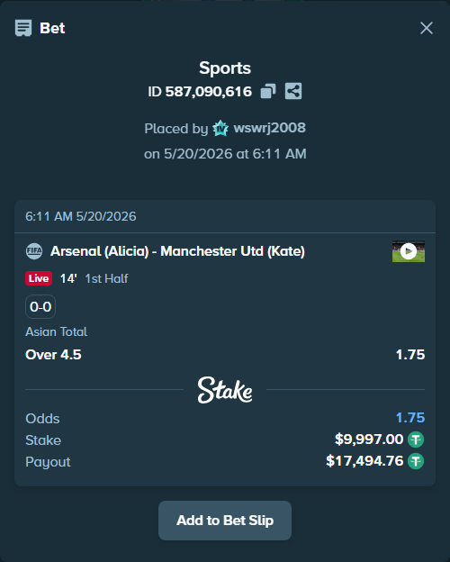 Bet slip: Arsenal (Alicia) - Manchester Utd (Kate), $10,007.00 stake at 1.75 odds, placed by wswrj2008