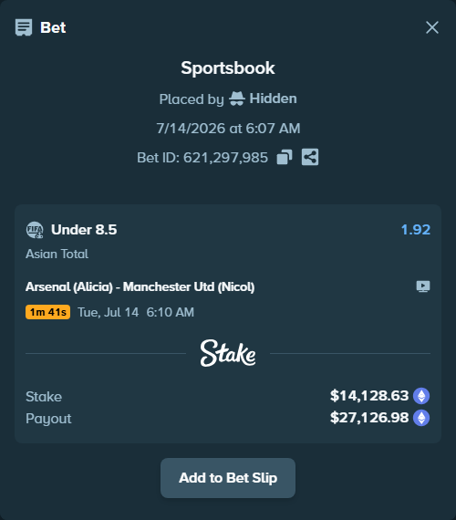 Bet slip: Arsenal (Alicia) - Manchester Utd (Nicol), $15,232.66 stake at 1.92 odds, placed by Hidden