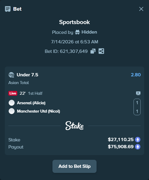 Bet slip: Arsenal (Alicia) - Manchester Utd (Nicol), $29,244.14 stake at 2.80 odds, placed by Hidden