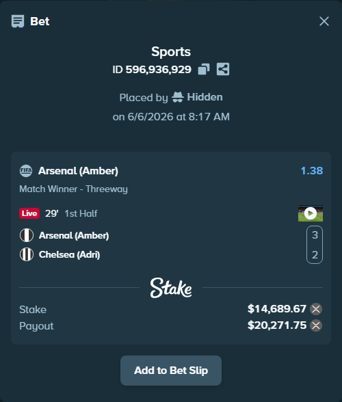 Bet slip: Arsenal (Amber) - Chelsea (Adri), $15,323.75 stake at 1.38 odds, placed by Hidden