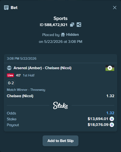 Bet slip: Arsenal (Amber) - Chelsea (Nicol), $11,570.74 stake at 1.32 odds, placed by Hidden