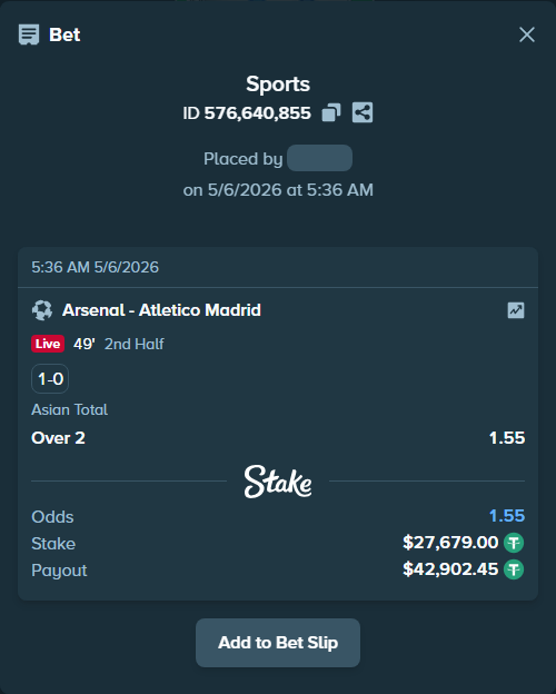 Bet slip: Arsenal - Atletico Madrid, $27,679.00 stake at 1.55 odds, placed by Abo114