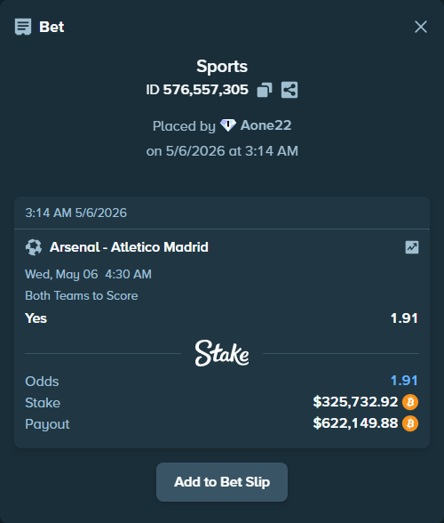 Bet slip: Arsenal - Atletico Madrid, $257,128.00 stake at 1.91 odds, placed by Aone22
